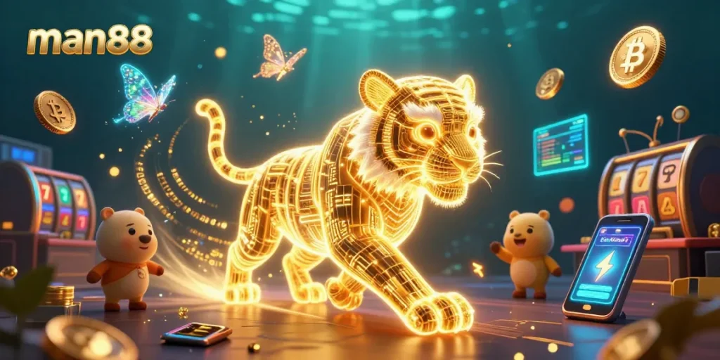 Experience thrilling gameplay at man88 casino, featuring vibrant 3D characters amid digital coins and slot reels.
