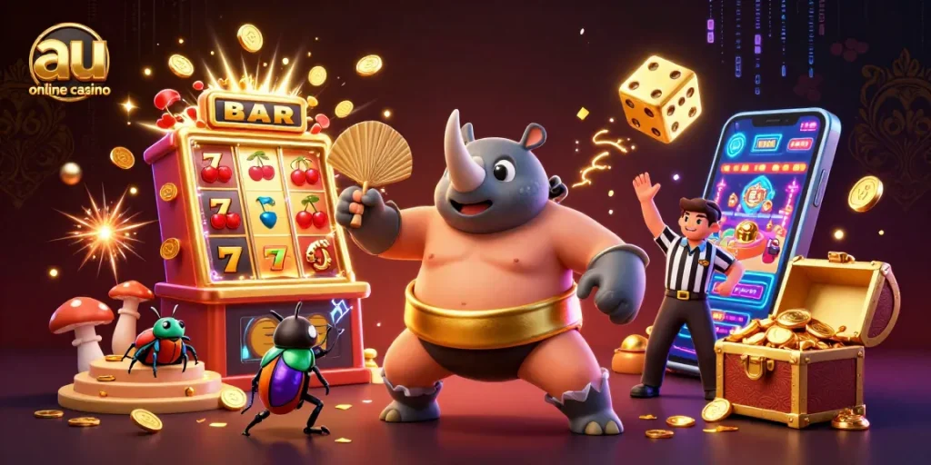 Experience the excitement of the au online casino with a dynamic 3D sumo beetle scene and thrilling game elements.