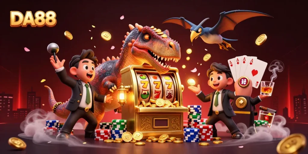 DA88 brings excitement as a pachycephalosaurus hits a golden slot machine for jackpot coins.