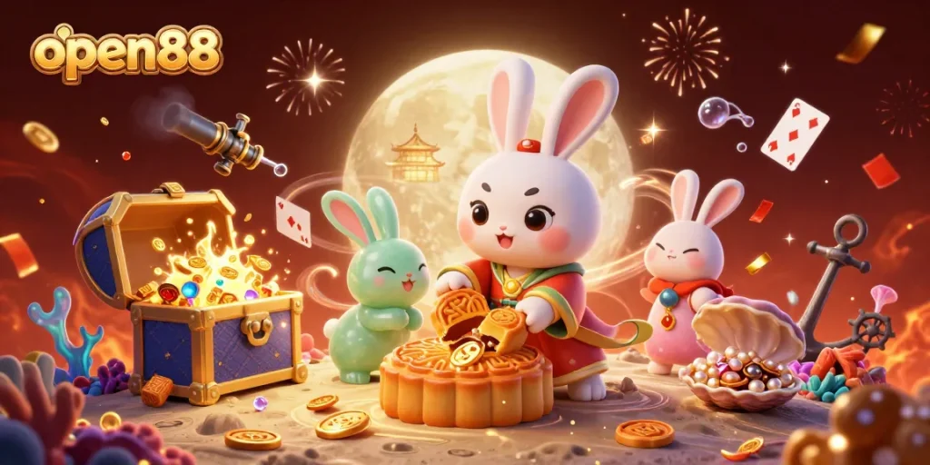 Join the action at open88 with a vibrant scene featuring a lucky moon rabbit among poker chips and festive decorations.