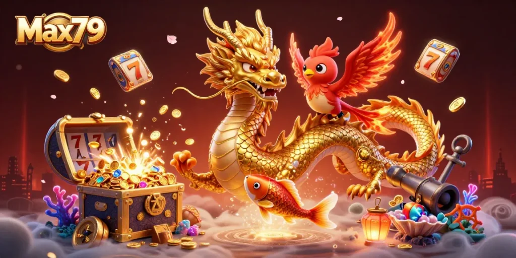 Max79 promotes thrilling casino action with a golden dragon, phoenix, and koi fish in a vibrant scene.