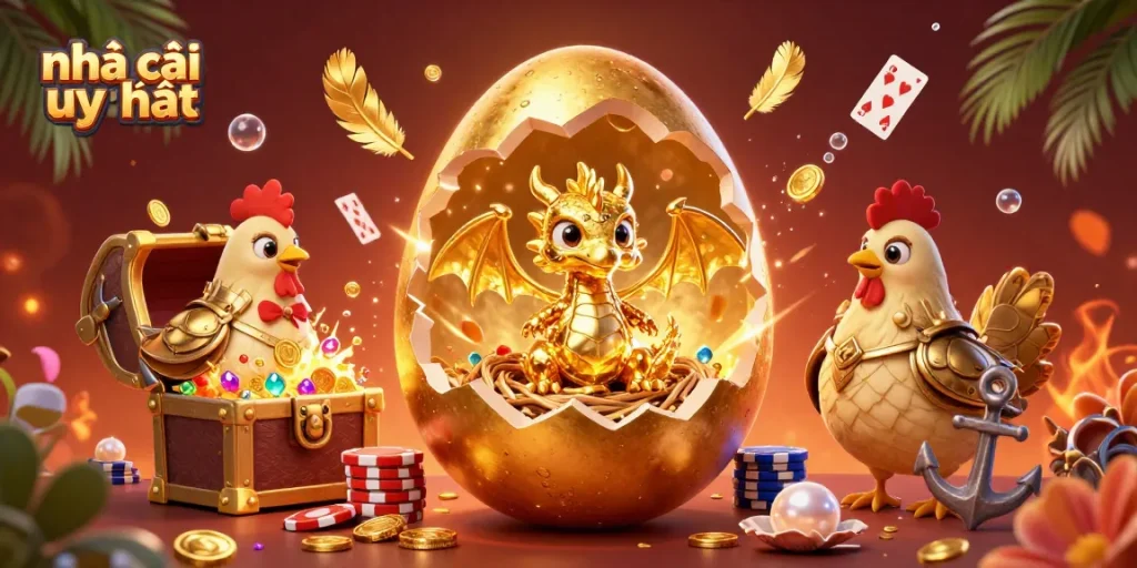 Experience the thrill of nhà cái uy tín with a golden dragon surrounded by treasure, poker chips, and action-packed gaming elements.