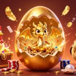 Experience the thrill of nhà cái uy tín with a golden dragon surrounded by treasure, poker chips, and action-packed gaming elements.