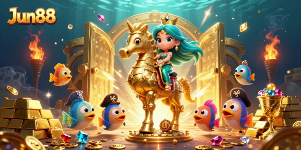 Experience the thrill with Jun88 and the vibrant underwater adventure in this rich casino illustration.
