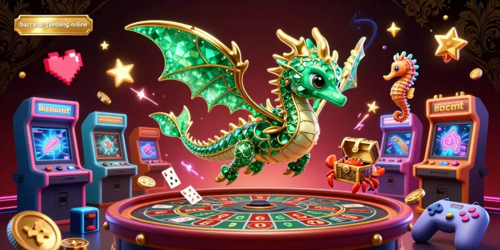 Baccarat-gambling-online showcases an emerald sea dragon amidst vibrant casino elements, promoting thrilling gameplay.