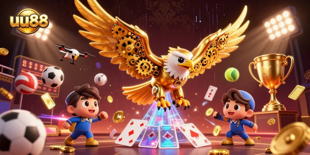 Join the exhilarating betting action at uu88 with a dynamic 3D casino scene filled with sports elements!