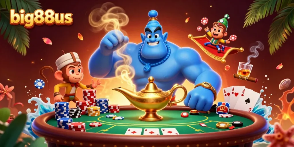Experience thrilling stakes at big88us with dynamic casino elements in vivid illustration.