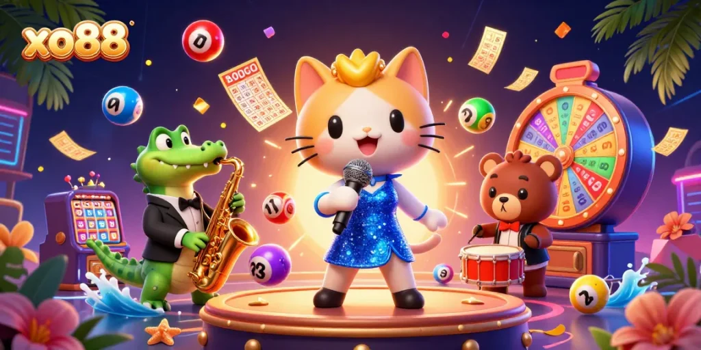 Experience exciting gameplay with xo88 as vibrant lottery balls, tickets, and characters celebrate on stage.