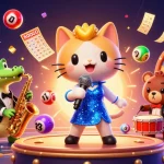 Experience exciting gameplay with xo88 as vibrant lottery balls, tickets, and characters celebrate on stage.