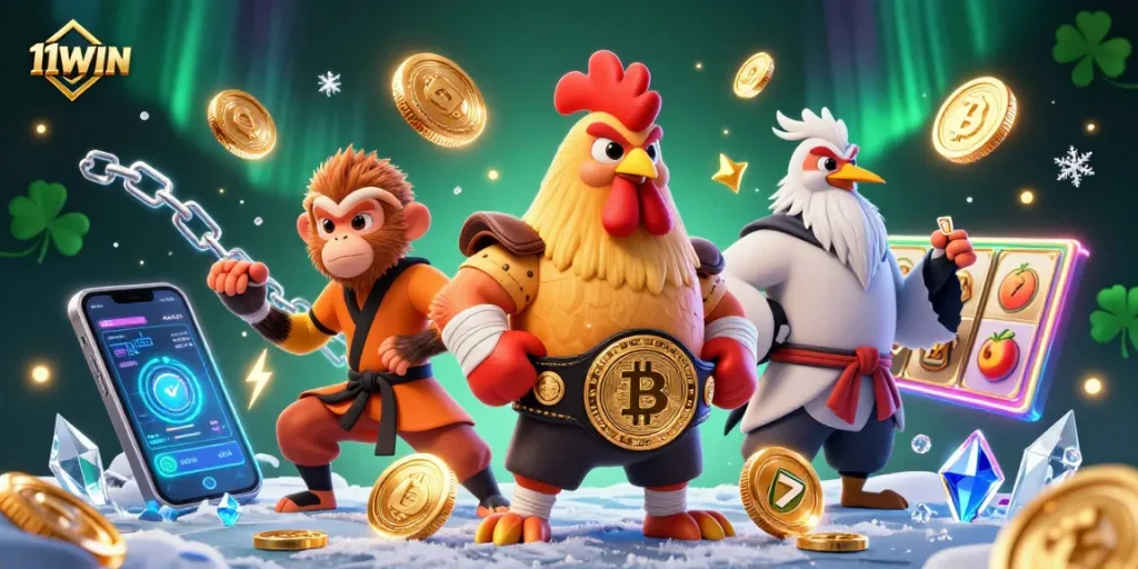 11WIN showcases Muay Thai rooster and Shaolin monkey in vibrant crypto casino scene