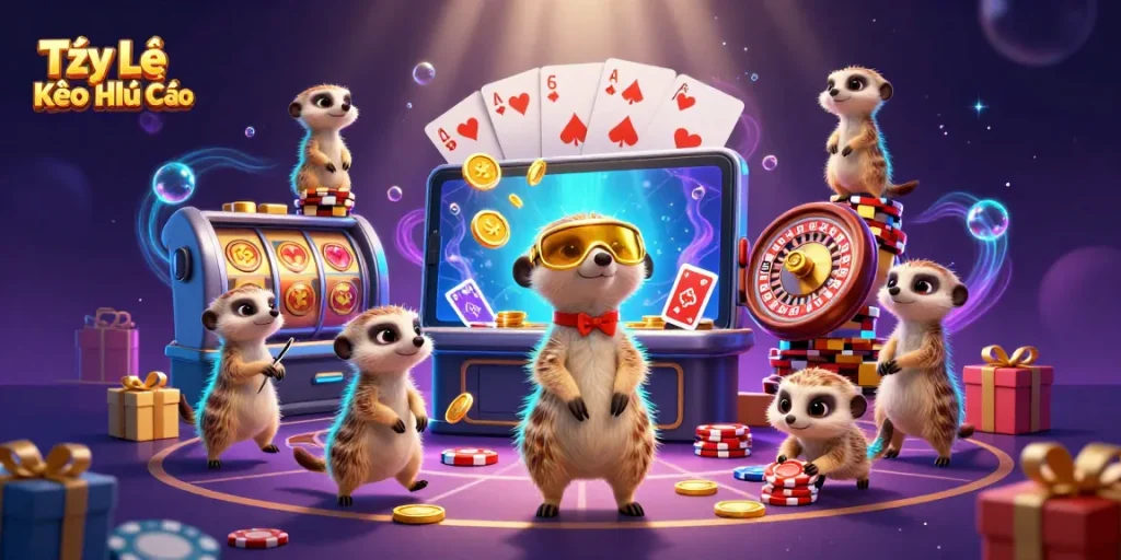 Tỷ Lệ Kèo Nhà Cái showcases a vibrant scene with meerkats in a bustling casino, highlighting dynamic slot games and rich colors.