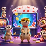 Tỷ Lệ Kèo Nhà Cái showcases a vibrant scene with meerkats in a bustling casino, highlighting dynamic slot games and rich colors.