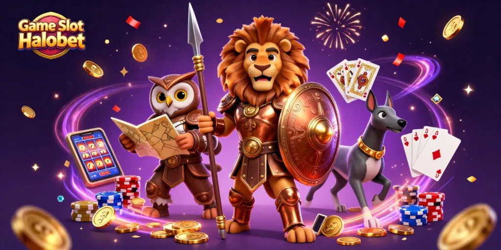 Engaging illustration of Game Slot Halobet featuring a Spartan lion, owl strategist, and greyhound messenger surrounded by casino elements