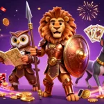 Engaging illustration of Game Slot Halobet featuring a Spartan lion, owl strategist, and greyhound messenger surrounded by casino elements
