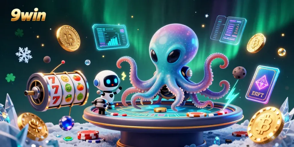 Engage with thrilling 9win poker action in this vibrant alien casino scene.