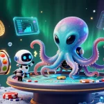 Engage with thrilling 9win poker action in this vibrant alien casino scene.