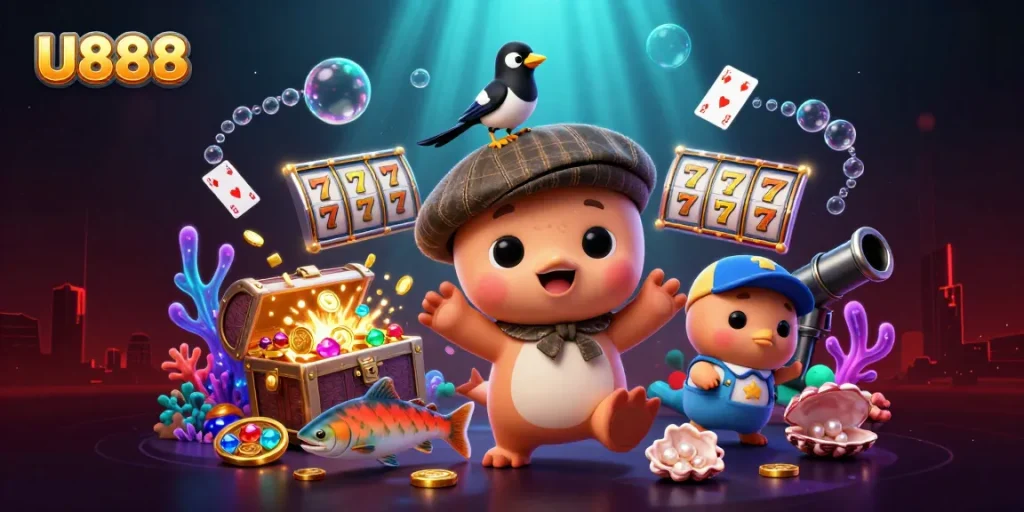 Experience U888's thrilling gaming adventure with vibrant characters and dynamic casino elements.
