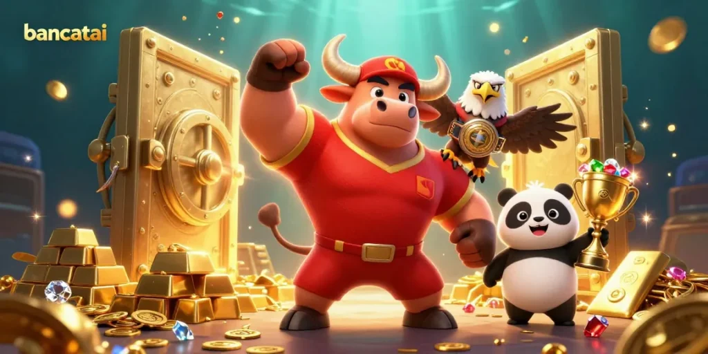 Bancatai players winning big with a vibrant scene of casino treasures and mascots in action.