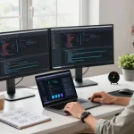 Developer building internal tools with AI in a modern workspace, showcasing coding activities and innovative app designs.