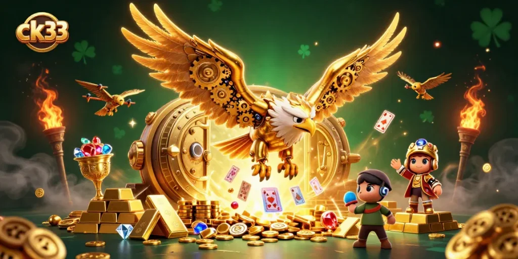 Experience excitement with ck33 as a cybernetic eagle dives through holographic cards in a vibrant casino atmosphere.