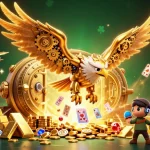 Experience excitement with ck33 as a cybernetic eagle dives through holographic cards in a vibrant casino atmosphere.