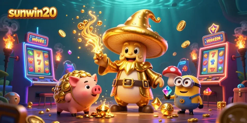 Experience slots and treasures with sunwin20 featuring a golden mushroom wizard and vibrant casino elements.