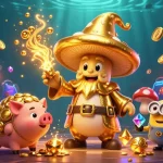 Experience slots and treasures with sunwin20 featuring a golden mushroom wizard and vibrant casino elements.