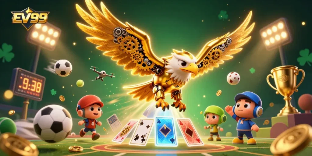 Engage with EV99's thrilling casino experience, featuring vibrant gaming elements and dynamic characters.