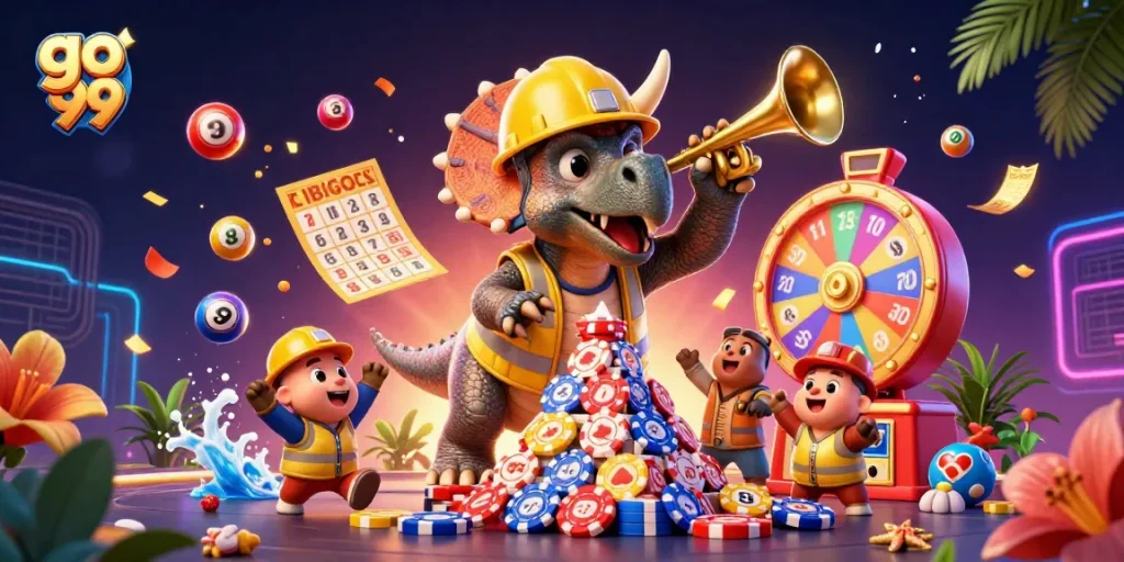 Engage with go 99's cheerful casino scene featuring animated dinosaurs and vibrant lottery elements.