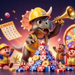 Engage with go 99's cheerful casino scene featuring animated dinosaurs and vibrant lottery elements.