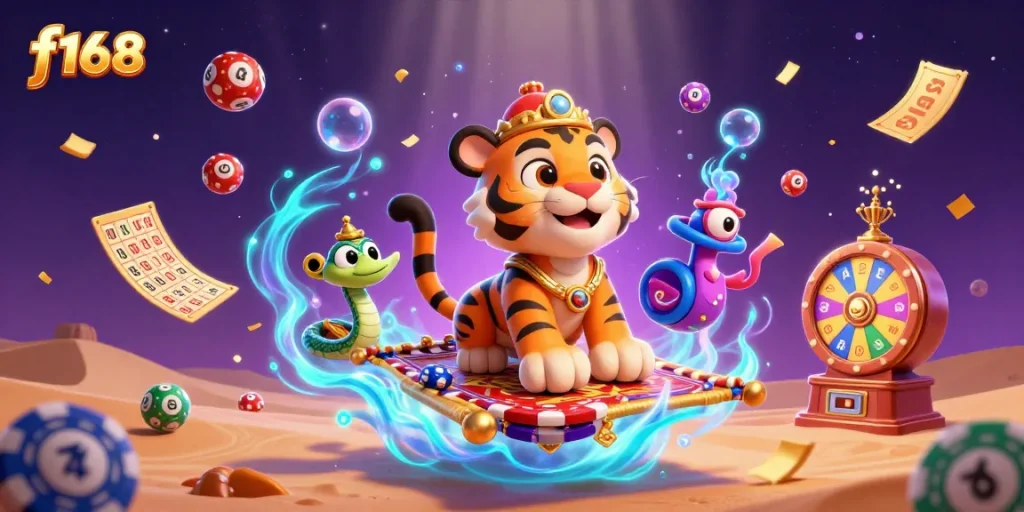 Experience thrilling wins at f168 with a lively scene of gambling excitement featuring colorful lottery elements.