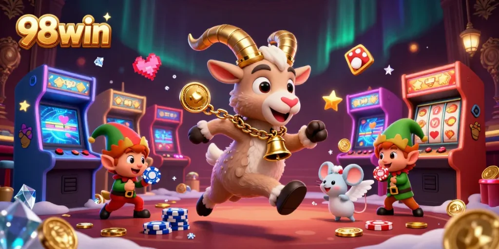Experience thrilling games at 98win casino, featuring lively characters and vivid arcade machines.