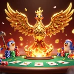 Experience casino greatness with the molten gold phoenix of 33winn, surrounded by poker action.