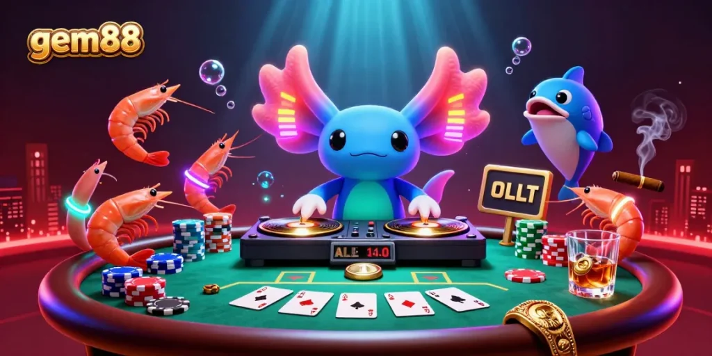 Experience gem88 vibrant casino excitement with axolotl DJ and colorful poker theme