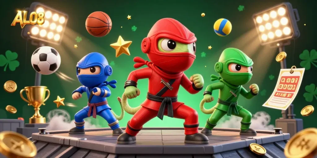 Experience thrilling gaming at ALO8 with colorful chameleons, sports elements, and vibrant action.