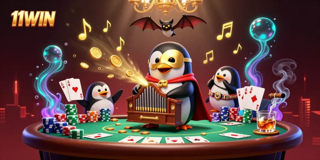 Experience the excitement of 11WIN with a vibrant casino scene featuring a phantom penguin and rich game elements.