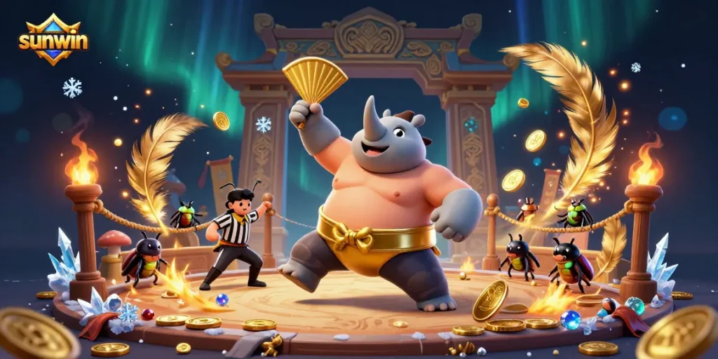 sunwin players join the excitement as the sumo beetle champion stomps, unleashing a shower of golden coins