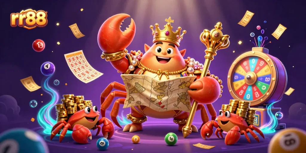 Engage with rr88’s thrilling gaming experience featuring a golden crab emperor in a vibrant casino setting.