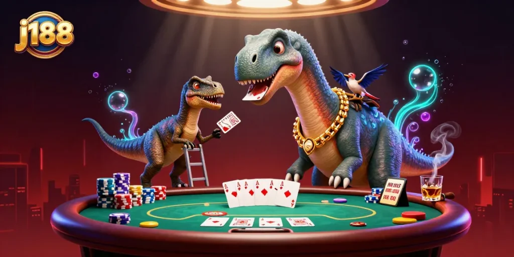 Experience the thrilling j188 casino action with a spectacular poker scene featuring a giant brontosaurus!
