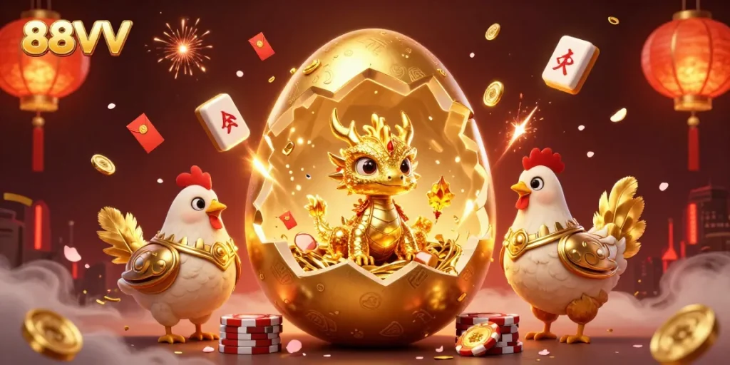 Engage with 88VV's dazzling golden dragon scene amidst a vibrant casino atmosphere.
