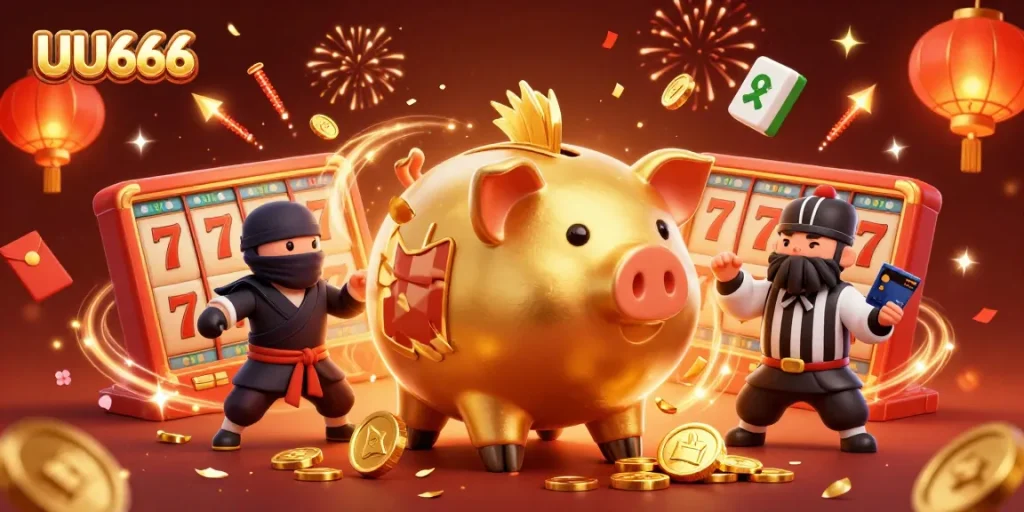 Experience the excitement of UU666 with a golden piggy bank sumo wrestler amidst vibrant casino elements and winning symbols.