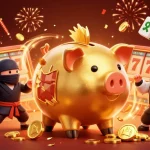 Experience the excitement of UU666 with a golden piggy bank sumo wrestler amidst vibrant casino elements and winning symbols.