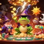 Engage with playgamebanca's vibrant poker illustration featuring a wizard frog and rainbow chameleon amidst golden coins.