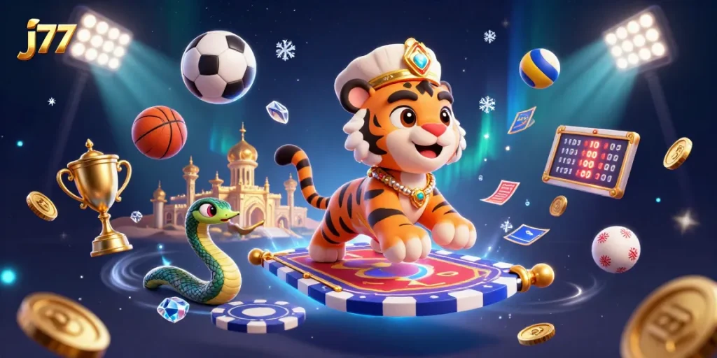 Experience the thrill of j77 with this vibrant, fast-paced casino illustration showcasing games and excitement.