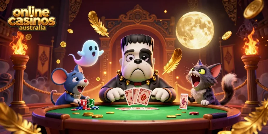 Engage in online casinos Australia with a spooky 3D illustration of a Frankenstein bulldog dealer.