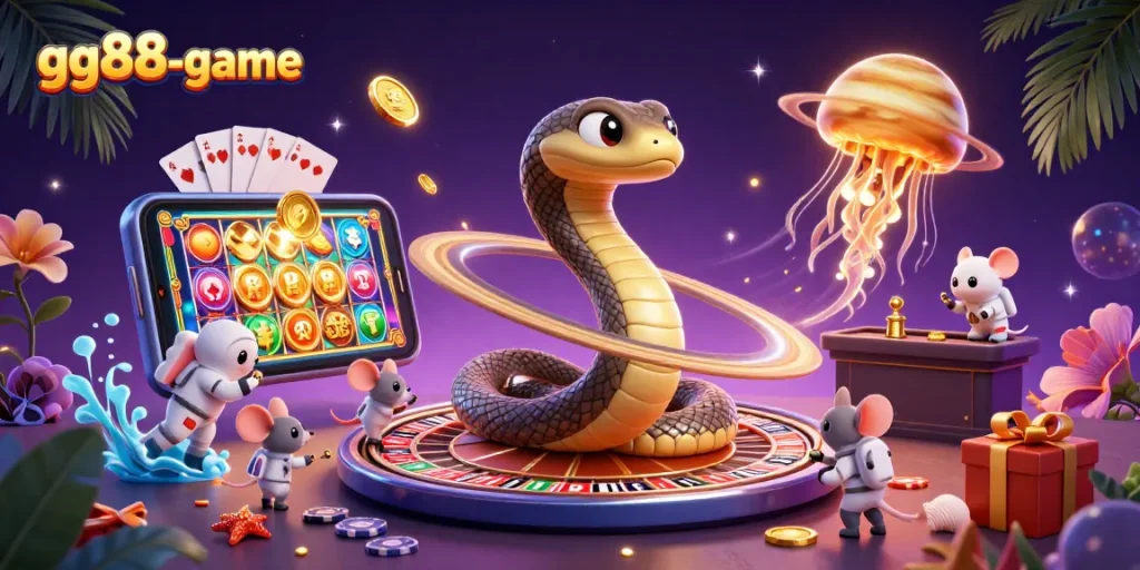 Bet on gg88-game with a vibrant 3D cosmic casino scene featuring a playful Saturn ring snake roulette.