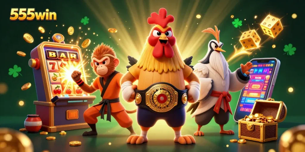 Experience thrilling gaming action at 555win with dynamic characters and vibrant casino elements.