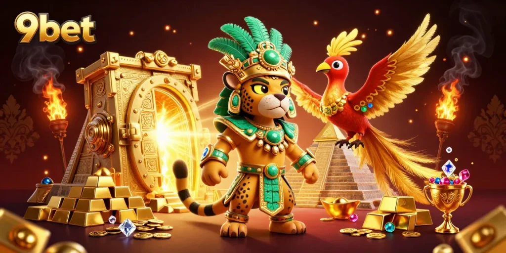 Experience thrilling wins at 9bet with a vibrant 3D casino scene featuring gold treasures.