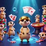 Experience the vibrant casino world of AF88 with meerkats running games and chip towers.