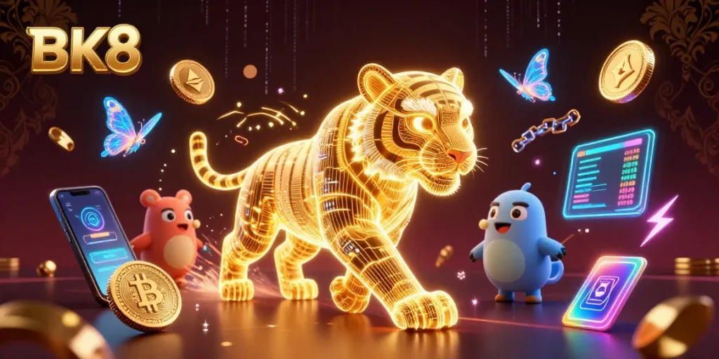 Engage with BK8's vibrant casino landscape featuring a neon-wireframe golden tiger amid crypto elements.